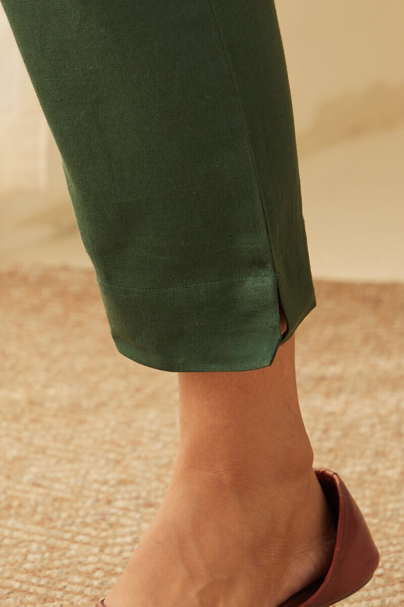 Green Handcrafted Cotton Flax Narrow Pants