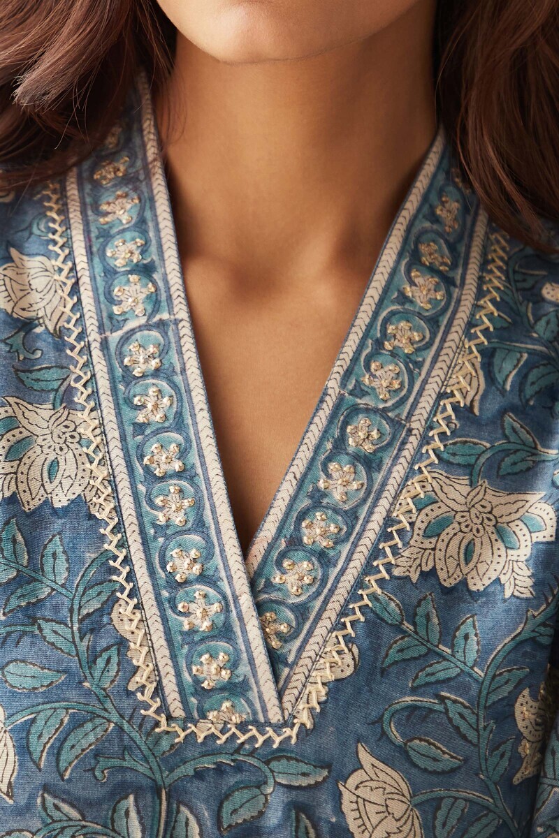 Blue Hand Block-Printed Straight Chanderi Kurta