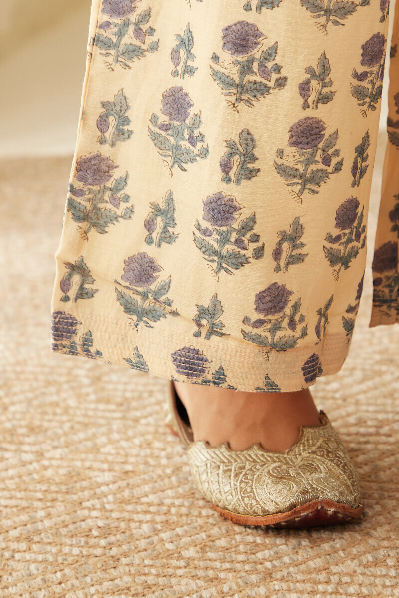 Beige Hand Block-Printed Chanderi Farsi
