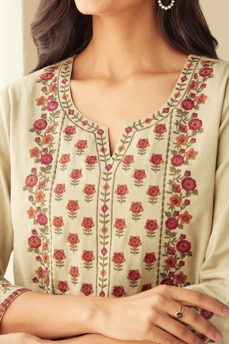 Beige Handcrafted Straight Cotton Flax Kurta