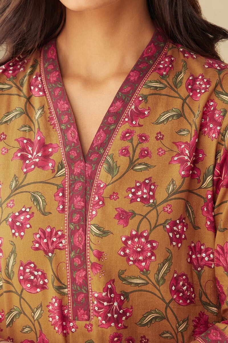 Mustard Printed Straight Cotton Kurta