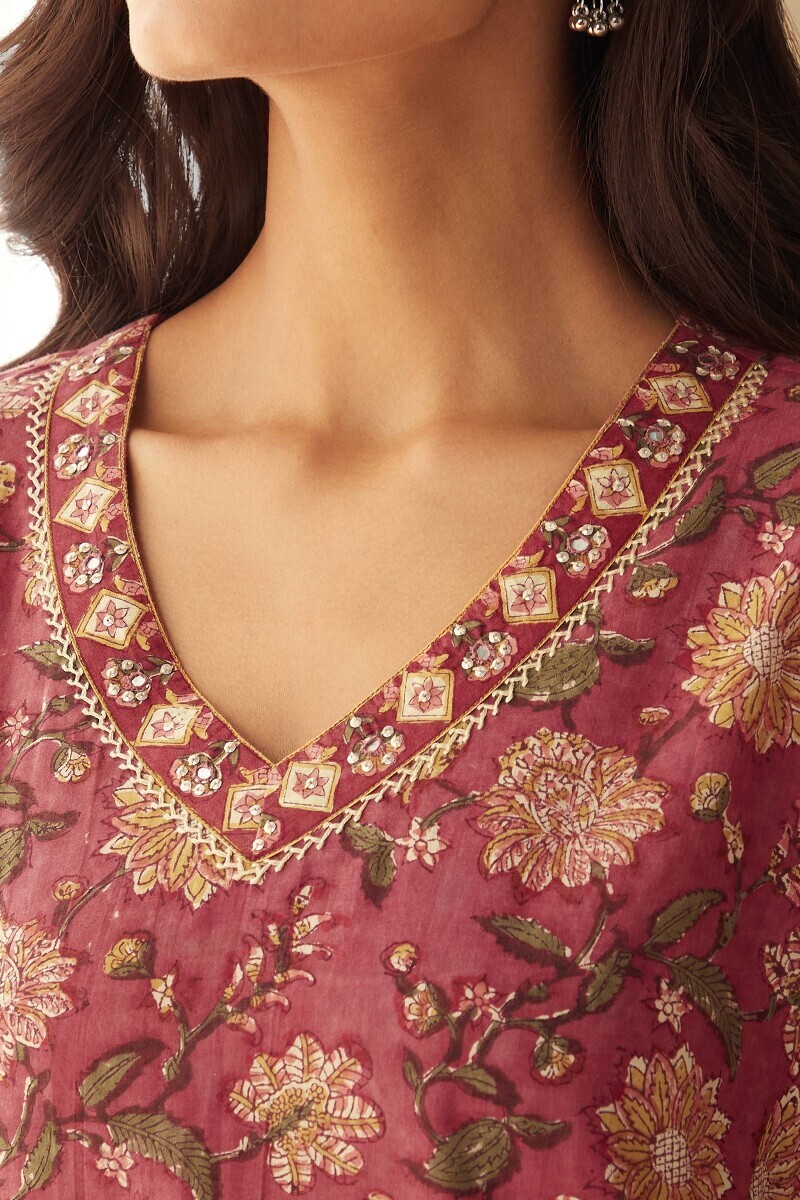 Pink Hand Block-Printed Straight Cotton Kurta