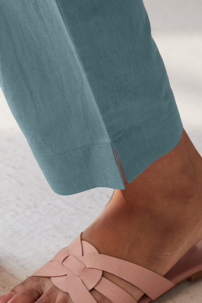 Sky Blue Handcrafted Cotton Flax Narrow Pants