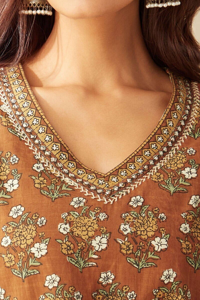 Brown Hand Printed Straight Cotton Slub Kurta