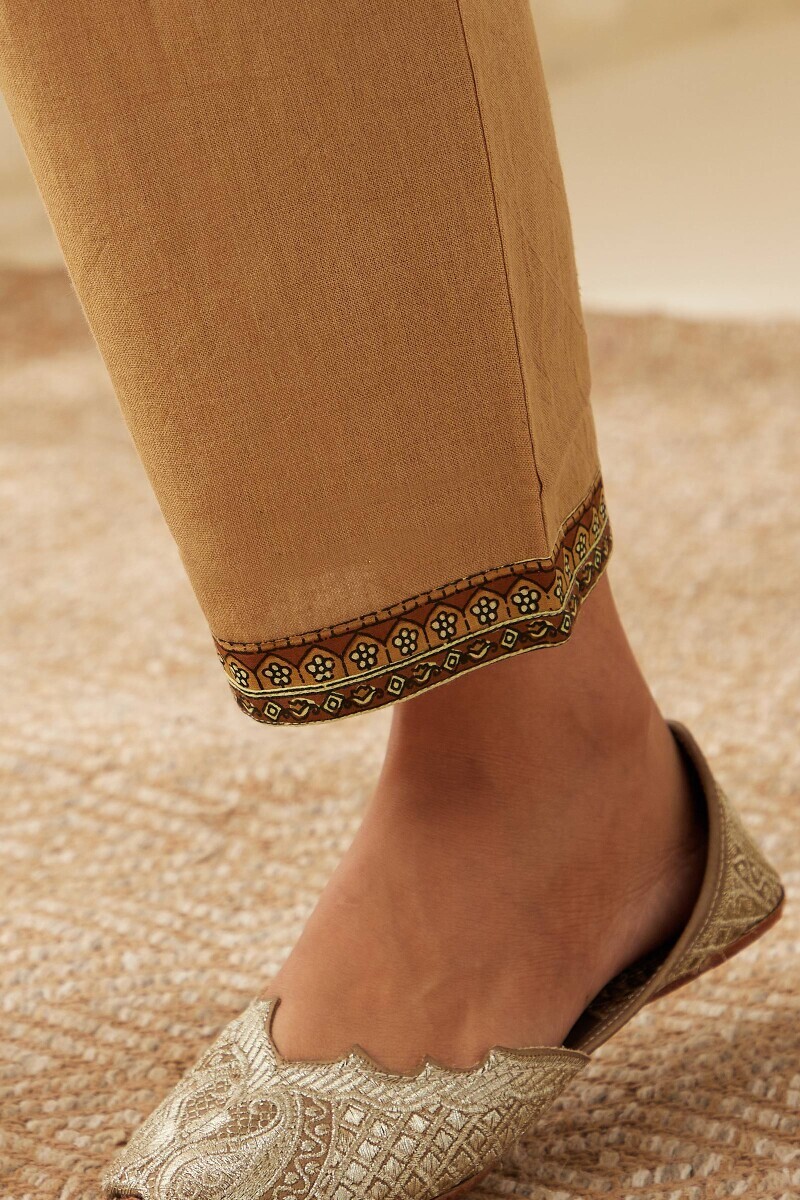 Brown Handcrafted Cotton Flax Narrow Pants
