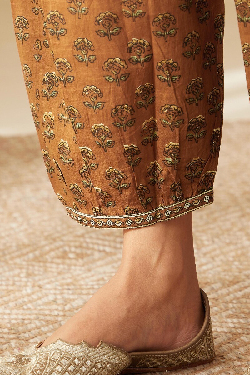 Brown Hand Printed Cotton Slub Izhaar Pants