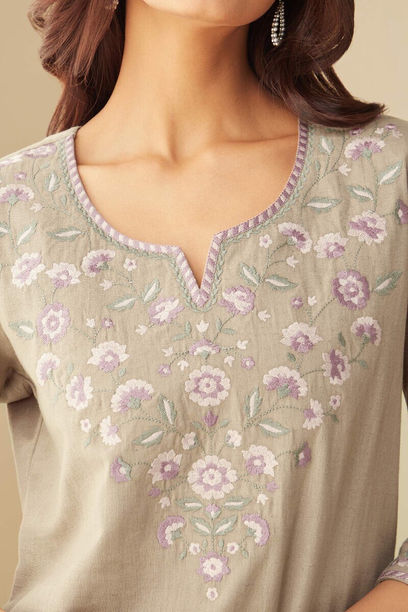 Grey Handcrafted Straight Cotton Flax Kurta