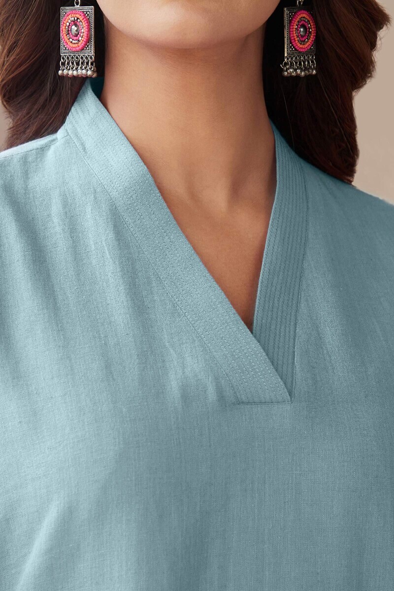 Sky Blue Handcrafted Straight Cotton Flax Kurta