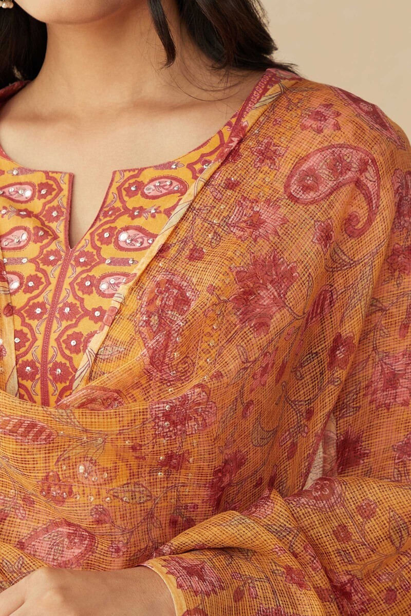 Mustard Hand Printed Kota Dupatta