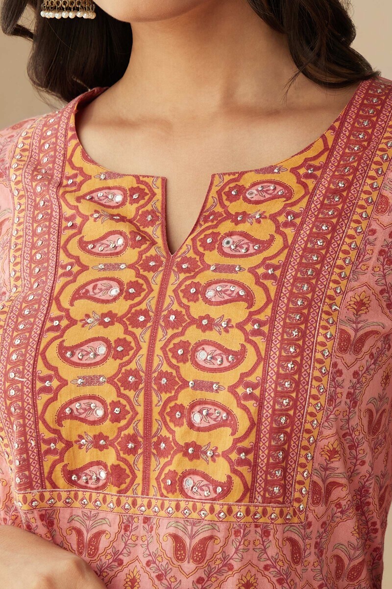 Pink Hand Printed Straight Cotton Kurta