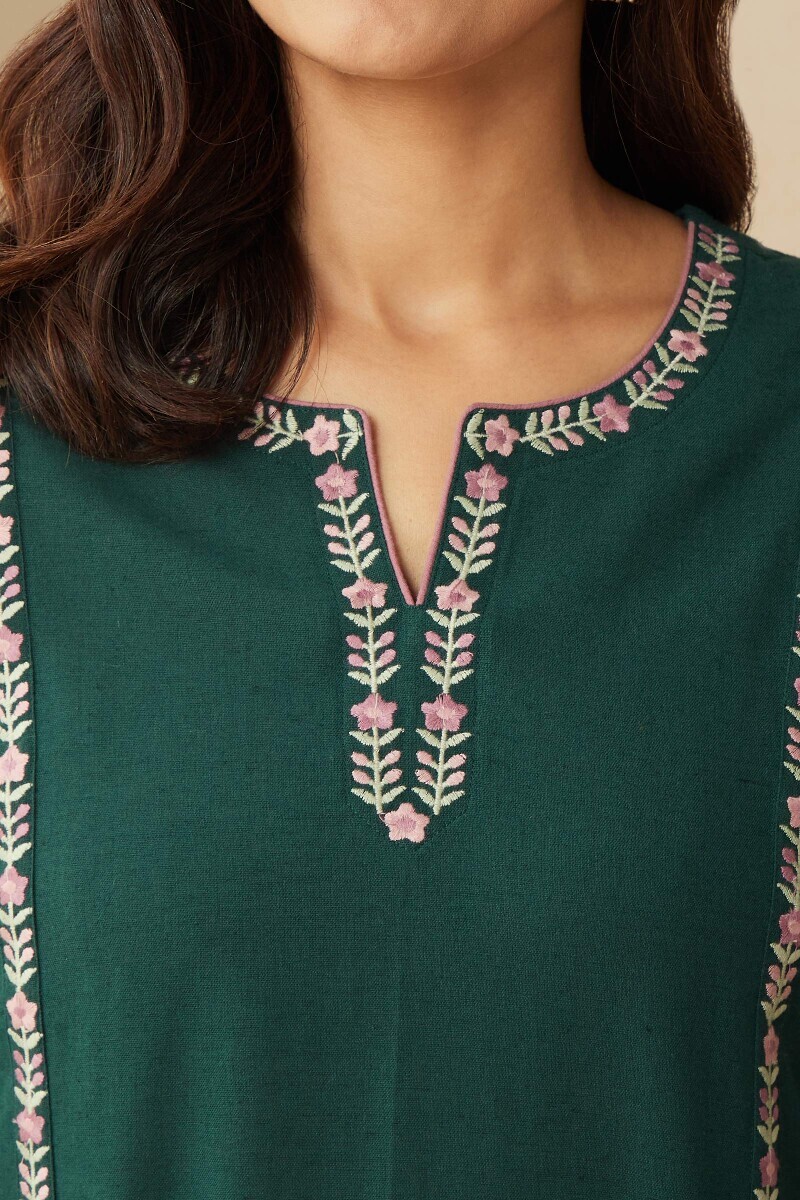 Green Handcrafted Straight Cotton Flax Kurta