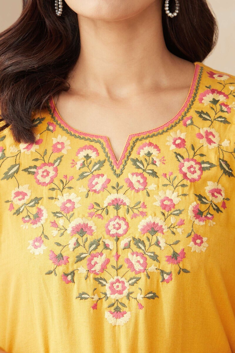 Mustard Handcrafted Straight Cotton Flax Kurta