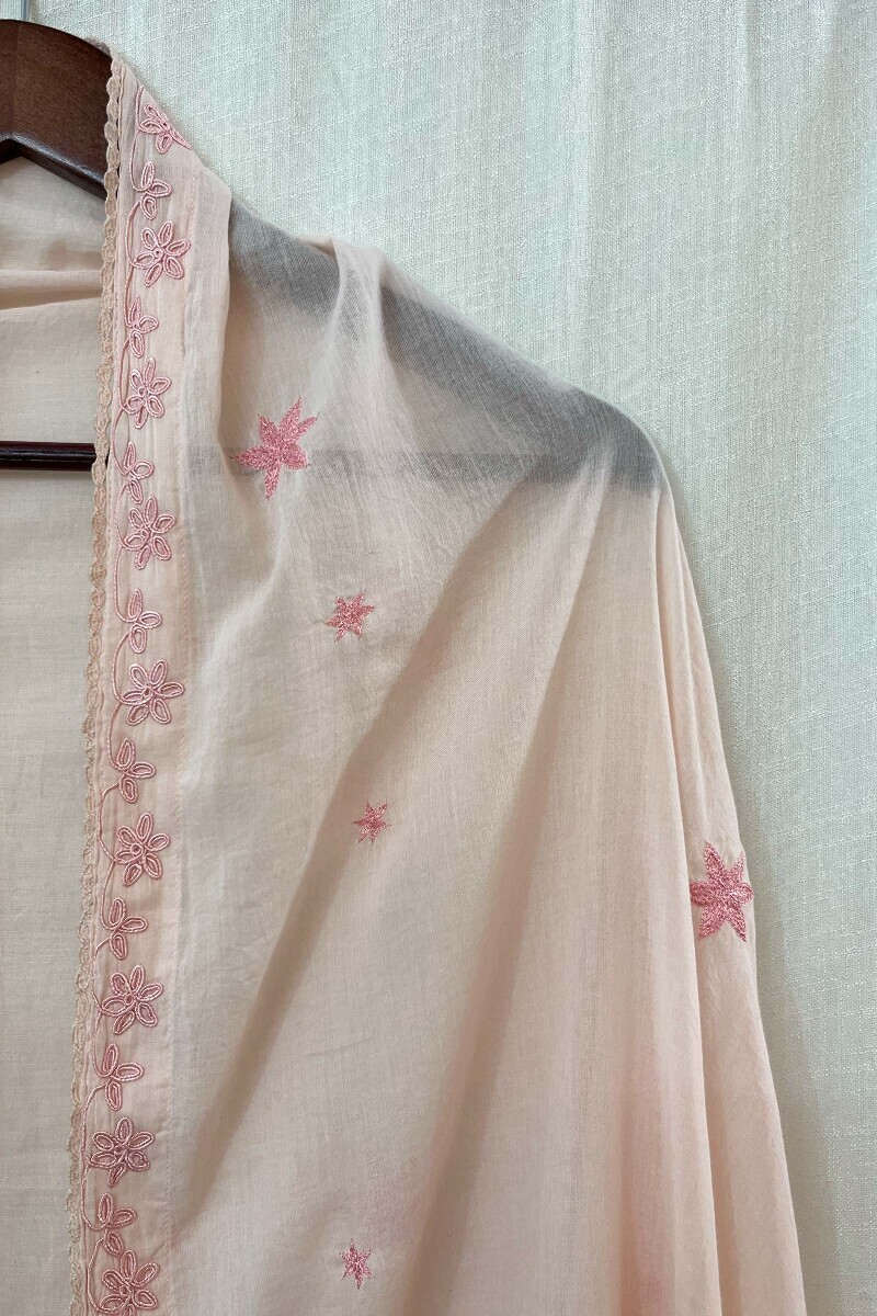 Peach Handcrafted Cotton Mul Dupatta