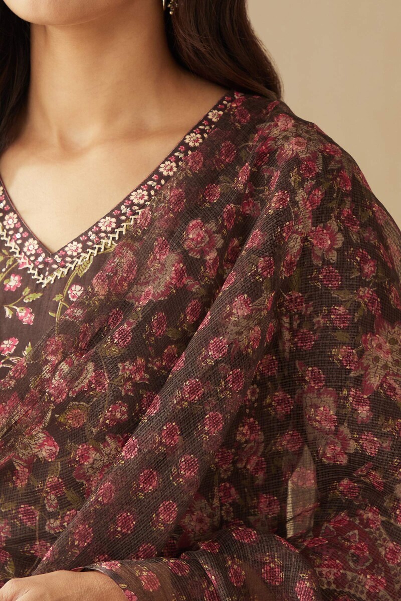 Brown Hand Printed Kota Dupatta
