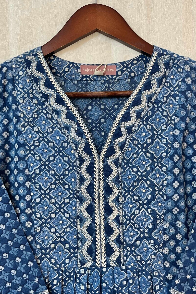 Blue Hand Block-Printed Cotton Slub Top
