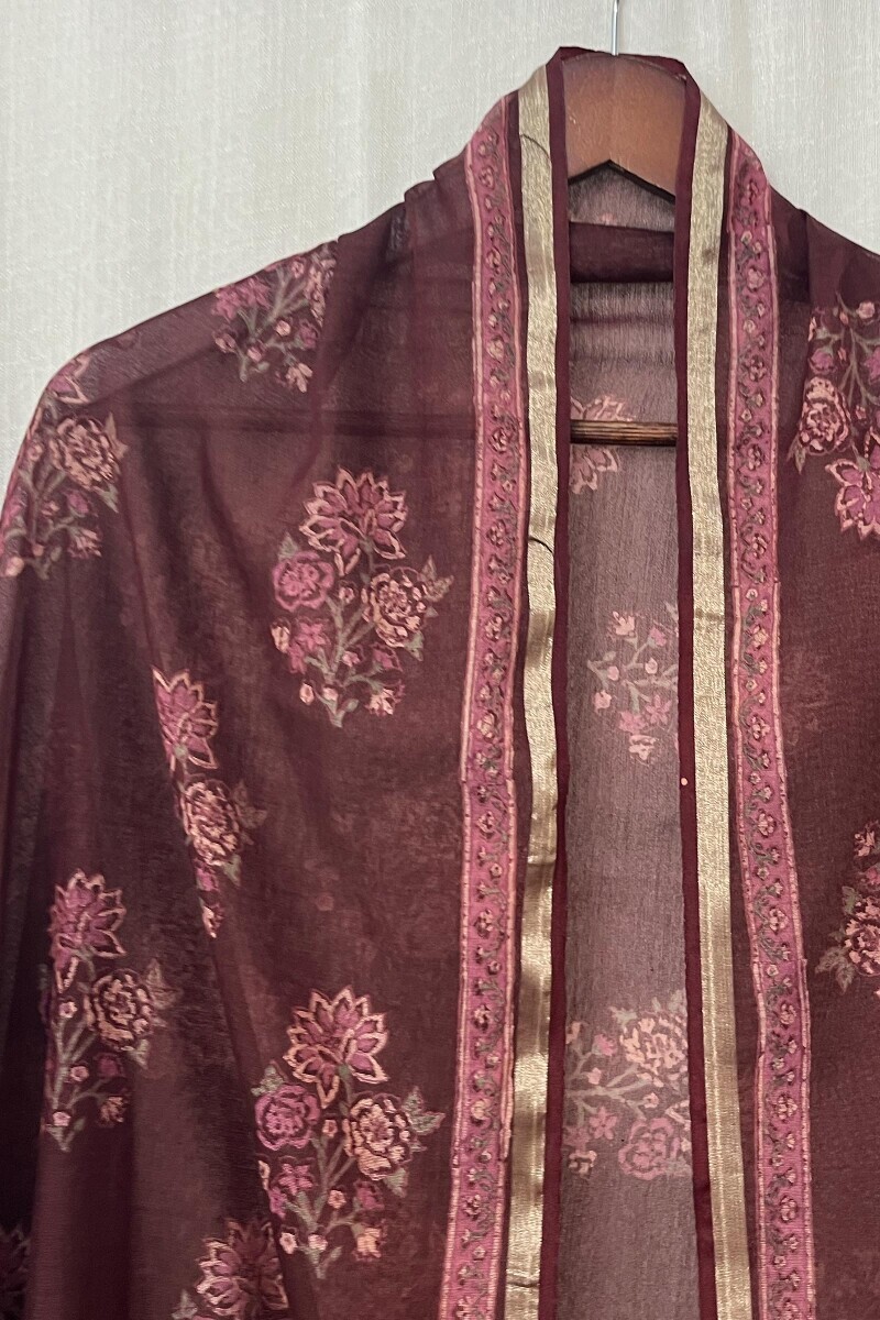Maroon Hand Block-Printed Chanderi Dupatta