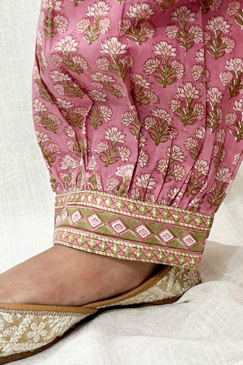 Pink Hand Block-Printed Cotton Izhaar Pants