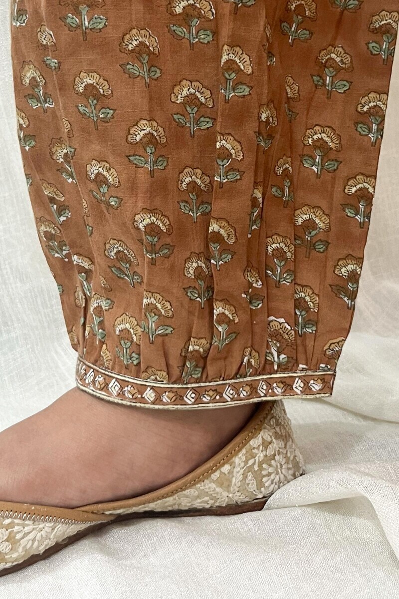 Brown Hand Printed Cotton Izhaar Pants