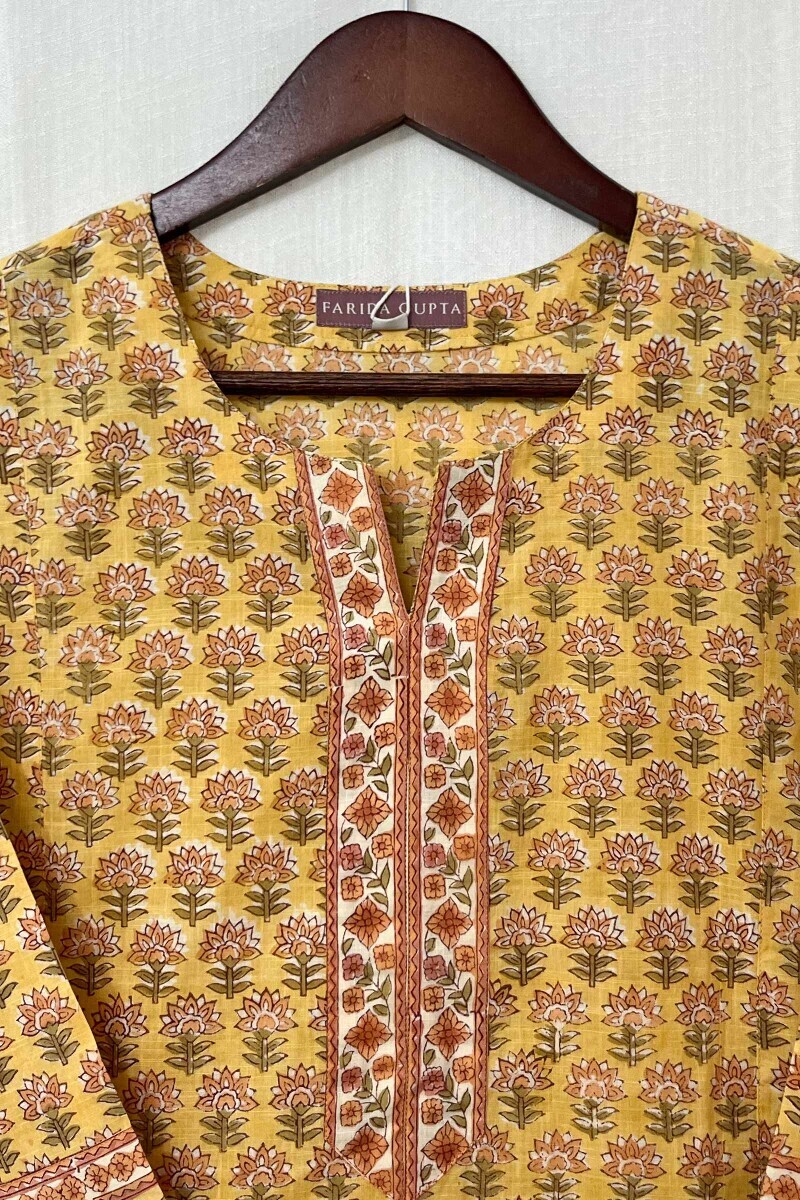 Yellow Hand Block-Printed A-Line Cotton Slub Kurta