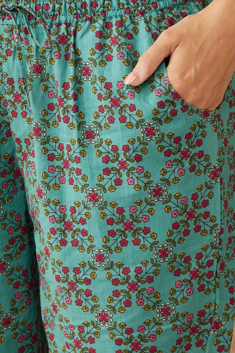 Blue Hand Printed Cotton Narrow Pants