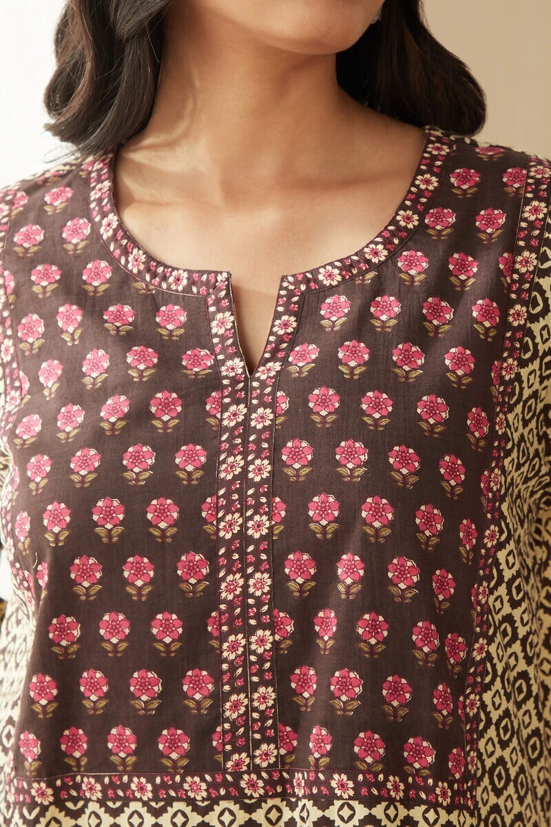 Brown Hand Printed Cotton Kaftan