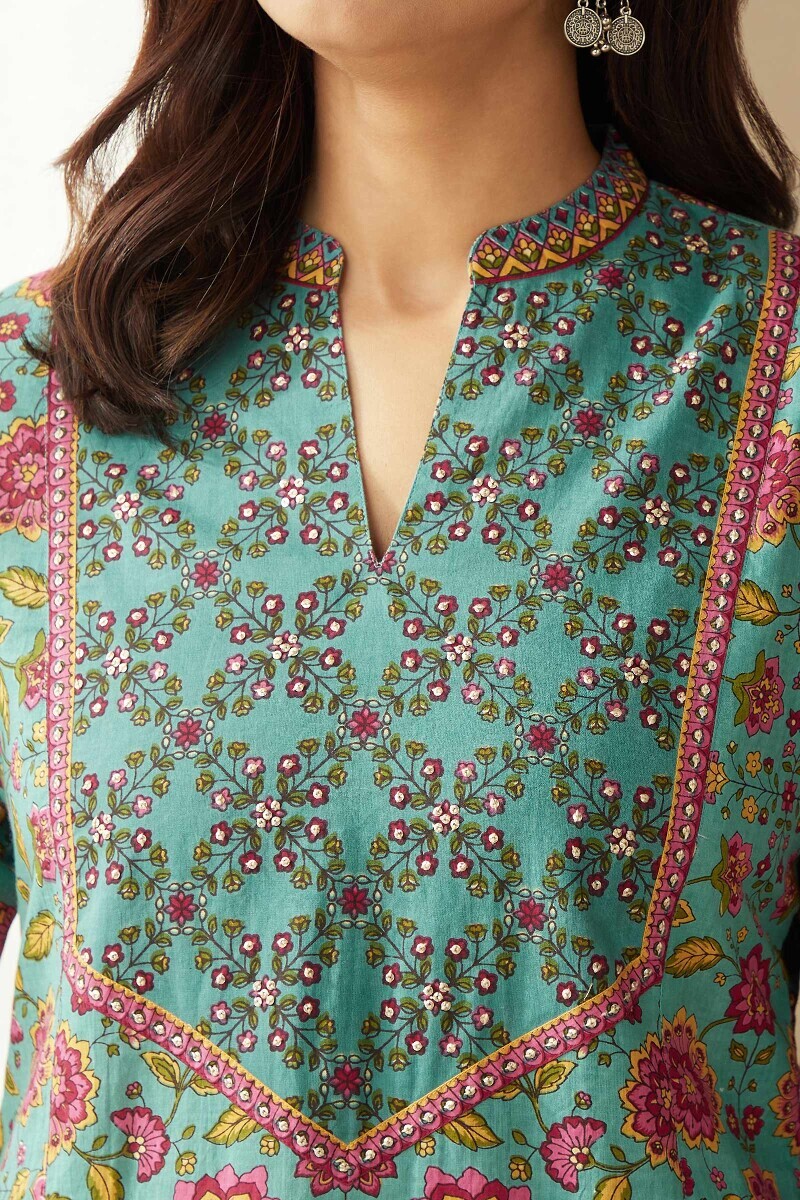 Blue Hand Printed Straight Cotton Kurta