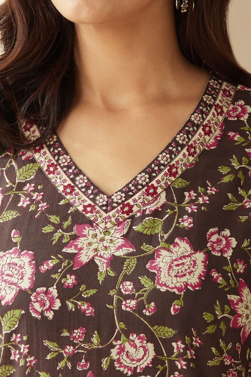 Brown Hand Printed Straight Cotton Kurta