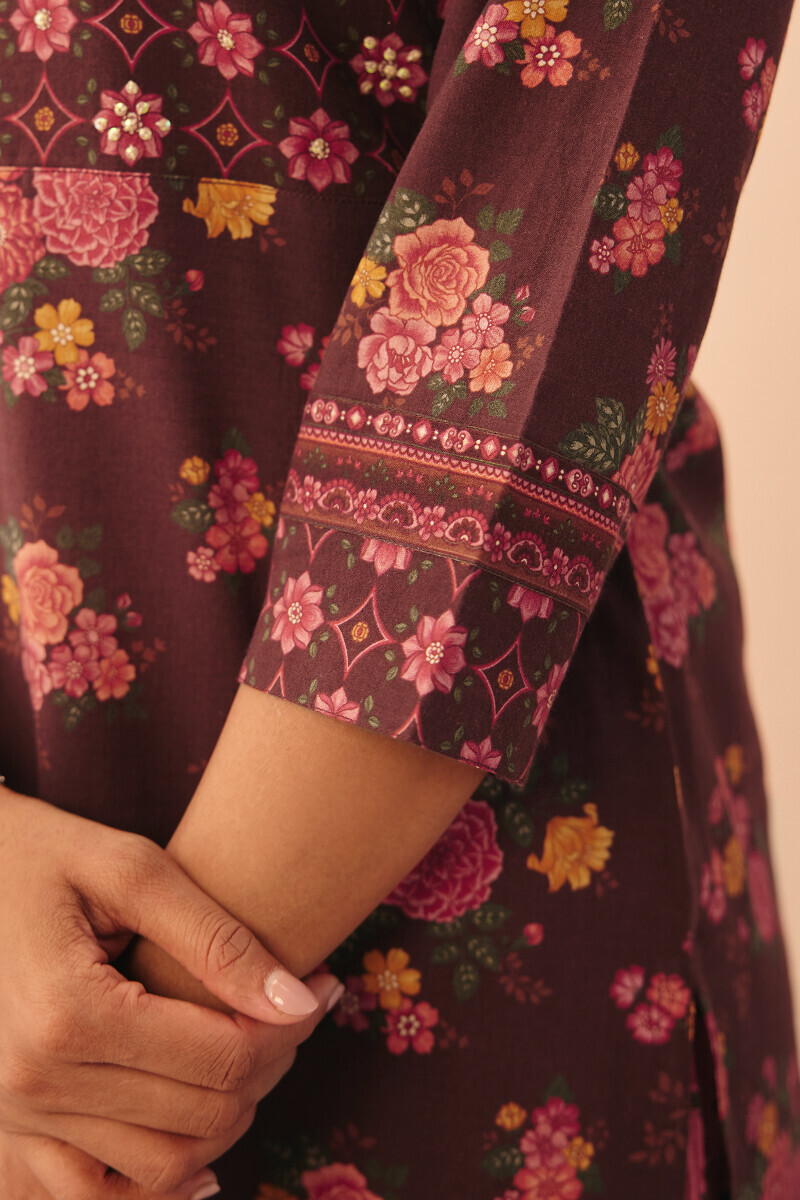 Brown Printed Straight Cotton Kurta