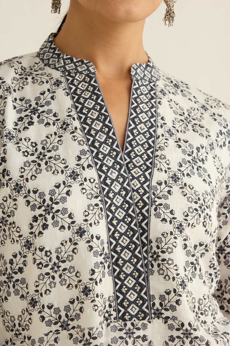 White Hand Printed Straight Cotton Dobby Kurta