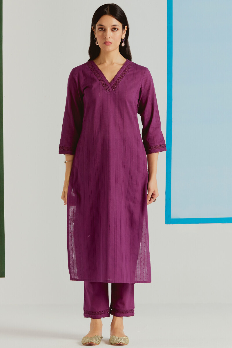 Purple Handcrafted Straight Cotton Dobby Kurta