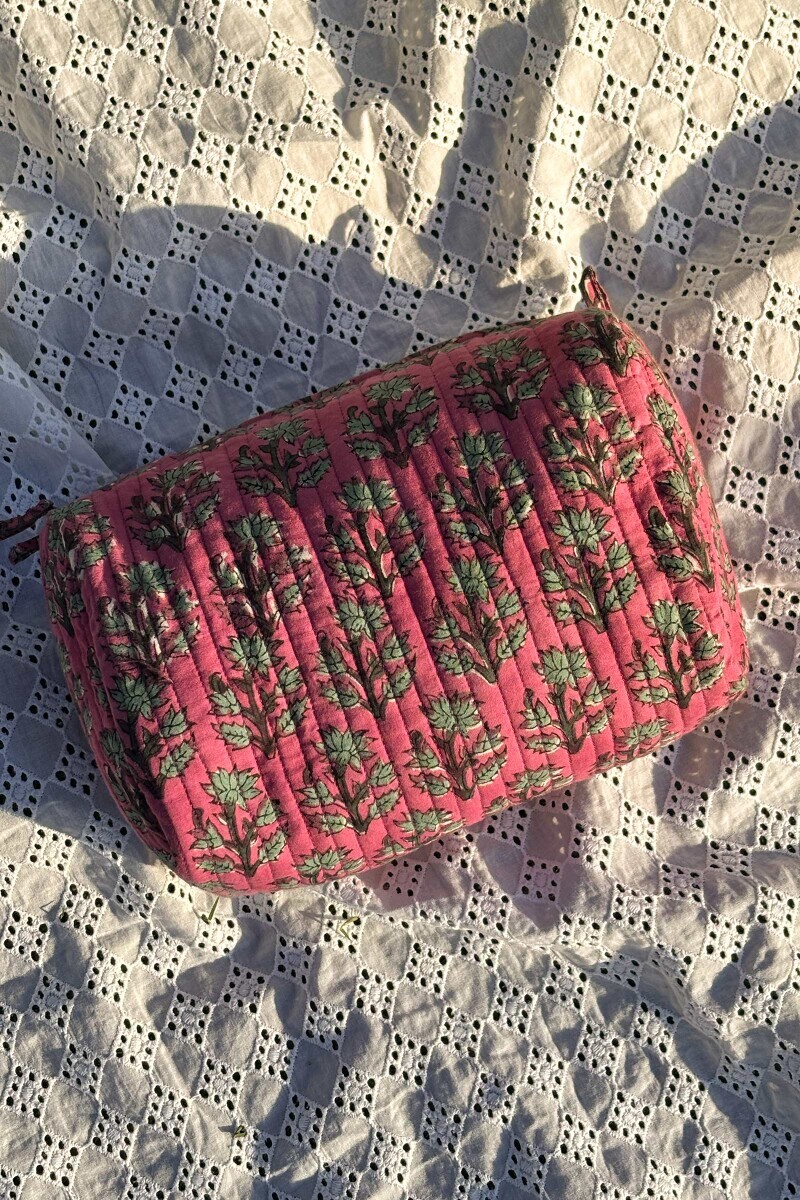 Pink Hand Block Printed Cotton Toiletry Pouch