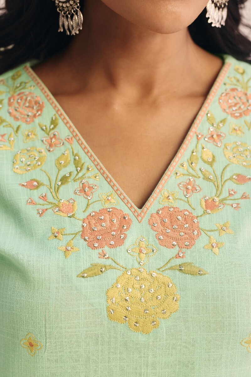 Green Handcrafted Straight Gauze Slub Kurta