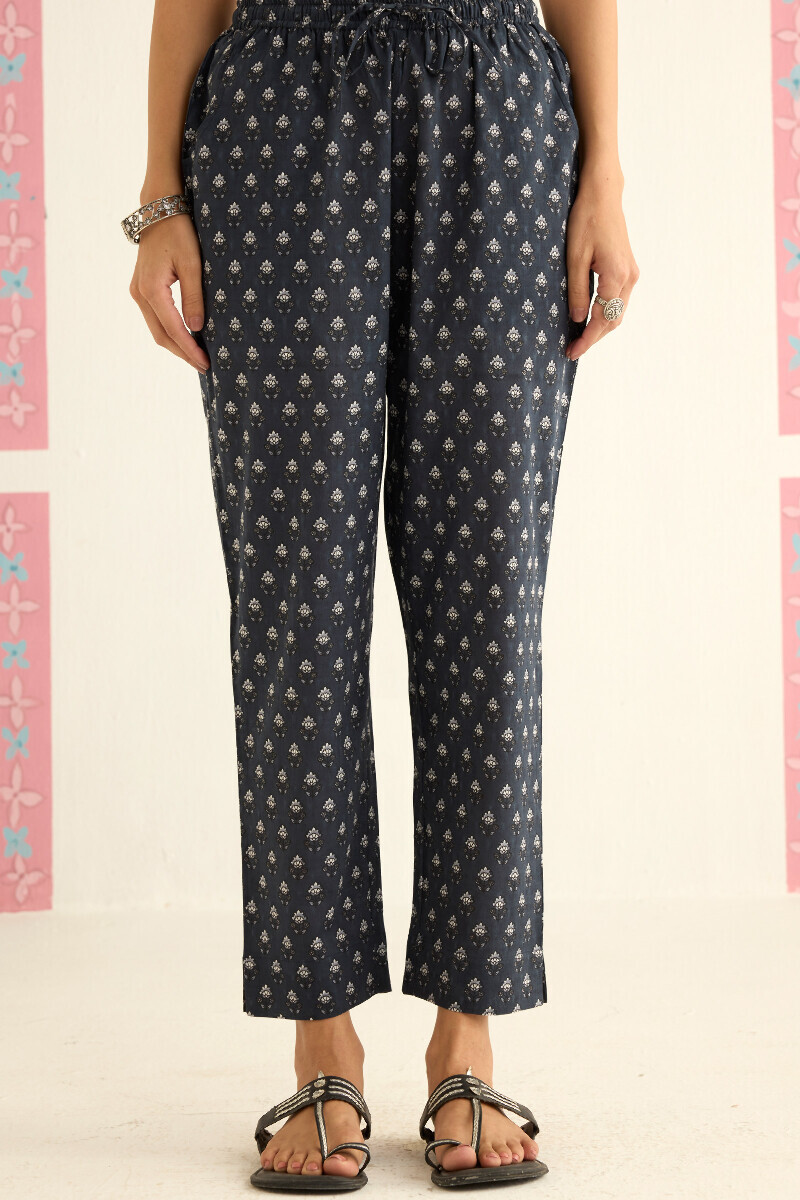 Grey Hand Printed Cotton Dobby Narrow Pants