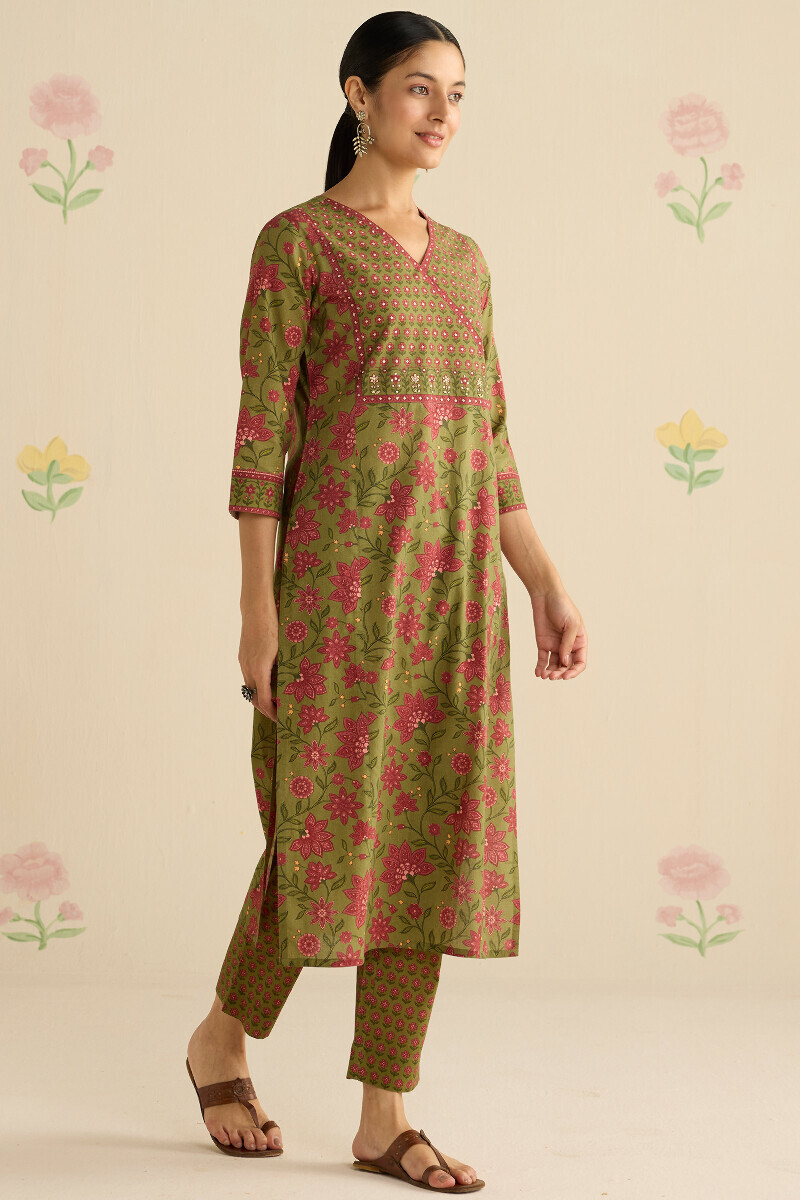 Green Printed Straight Cotton Kurta