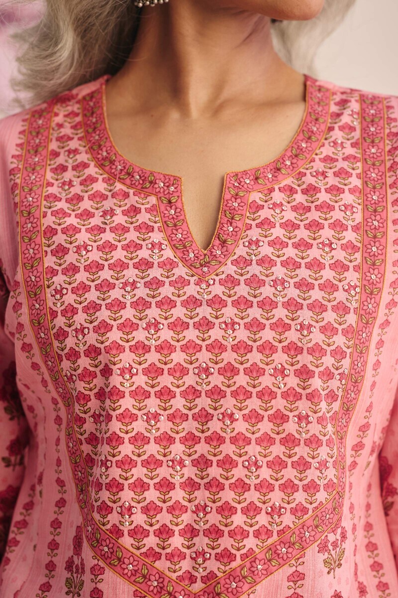 Pink Hand Printed Straight Cotton Kurta