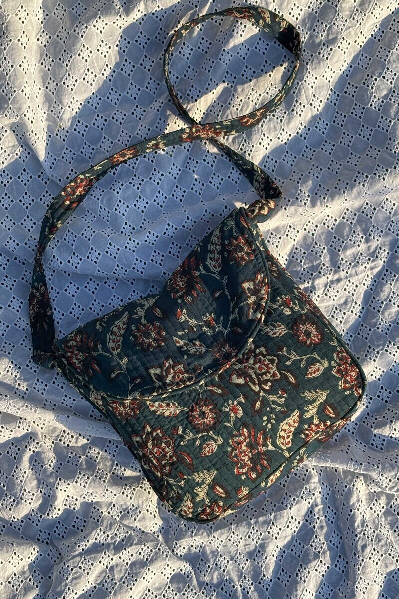 Teal Hand Block Printed Cotton Cross Body Bag