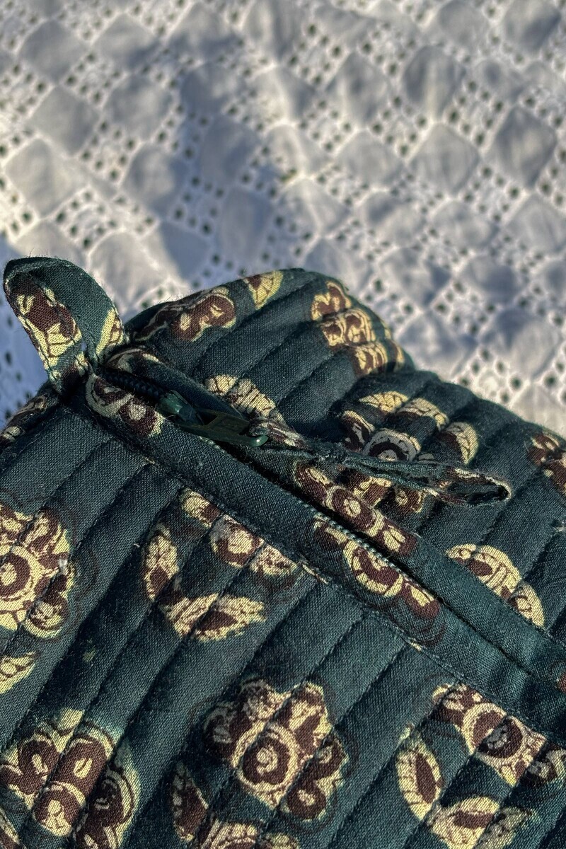Teal Hand Block Printed Cotton Toiletry Pouch
