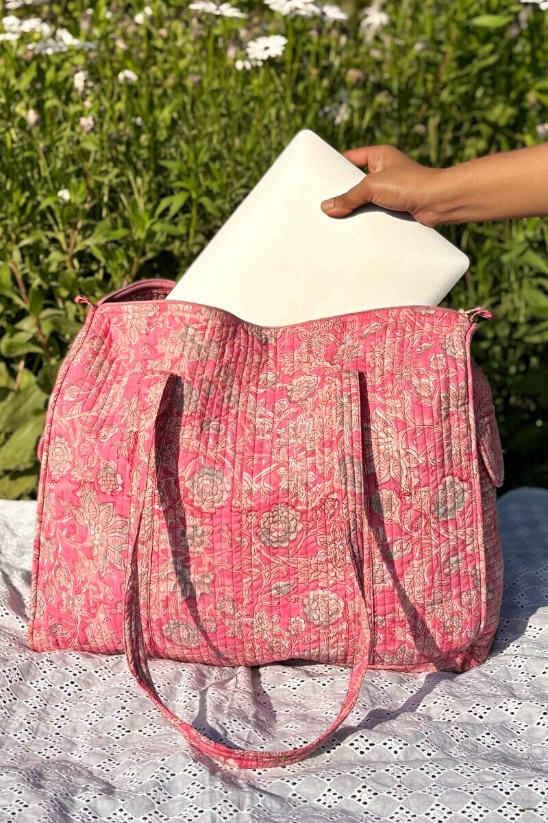 Pink Hand Block-Printed Cotton Duffel Bag