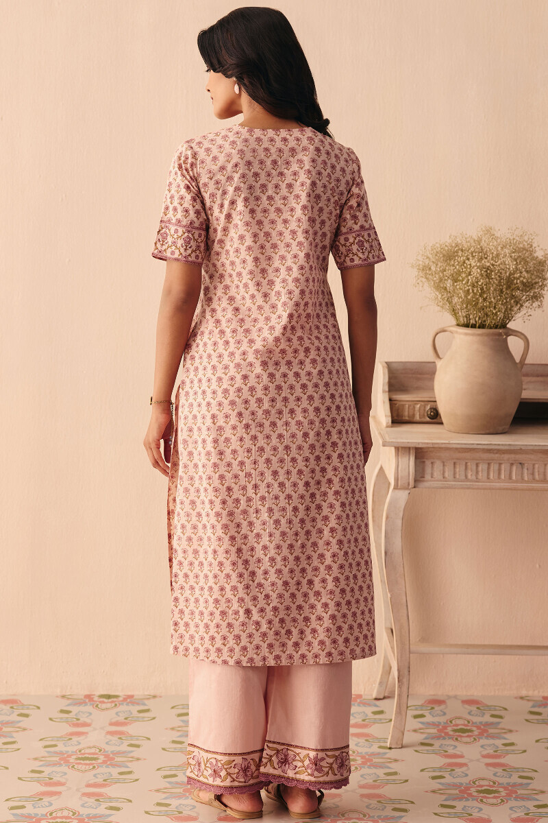 Pink Hand Printed Straight Cotton Dobby Kurta