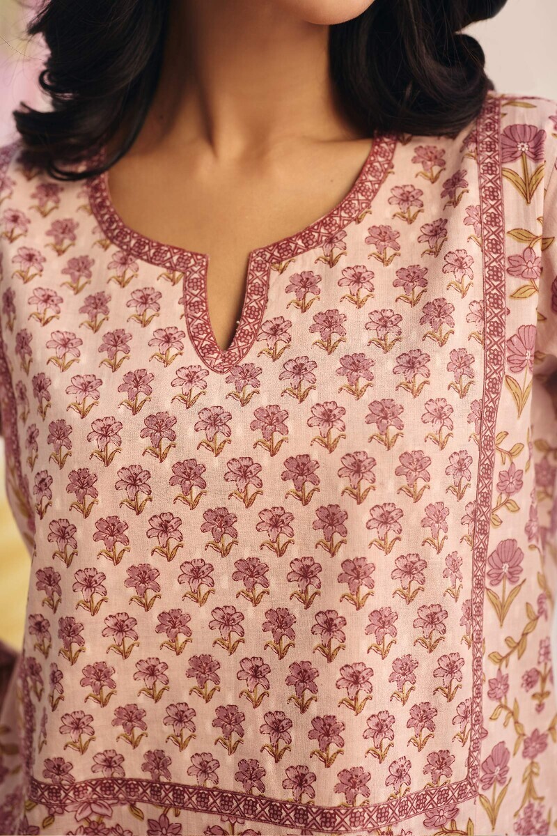 Pink Hand Printed Cotton Dobby Kaftan