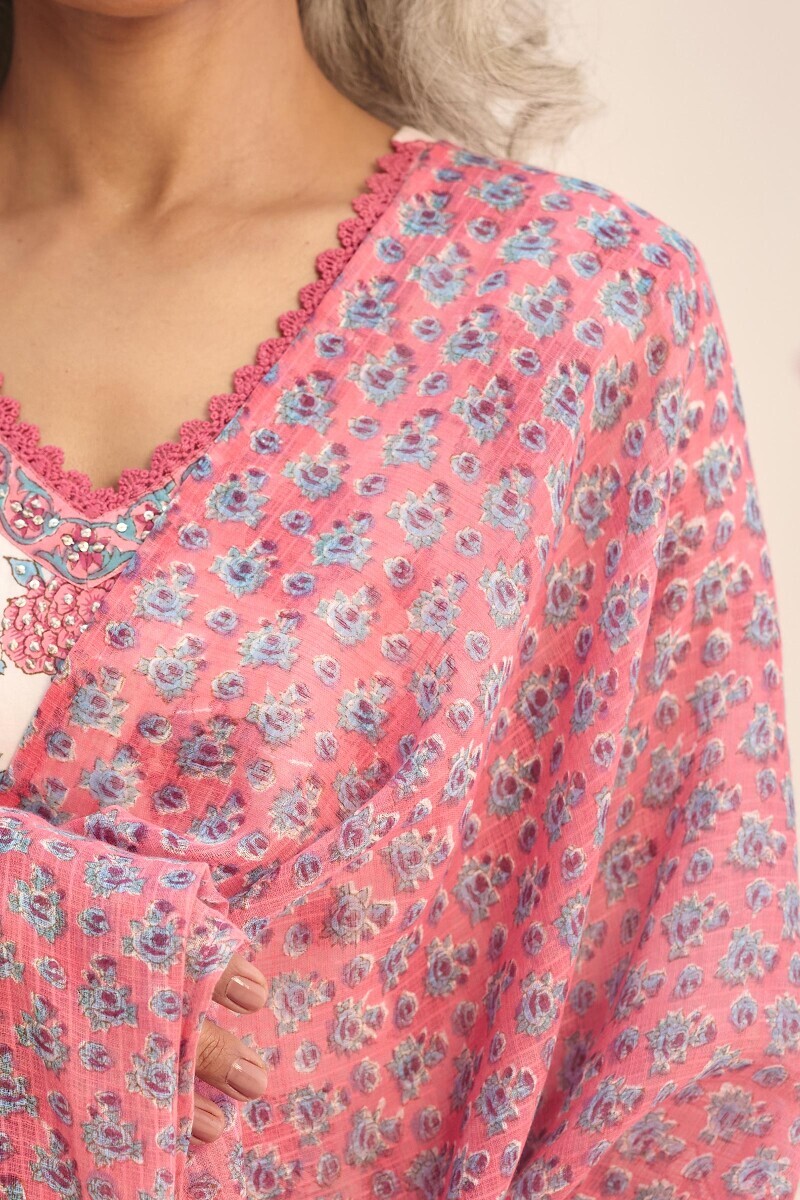 Pink Hand Block Printed Kota Dupatta