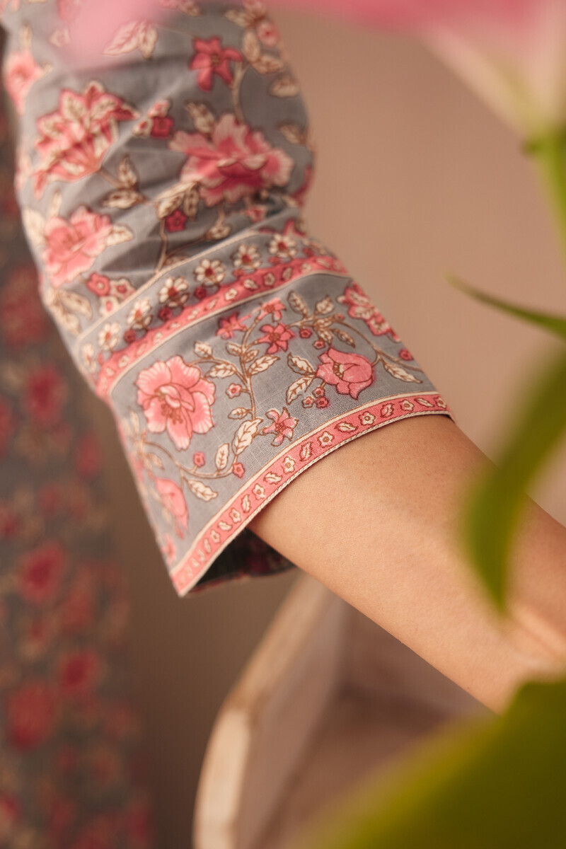 Grey Hand Printed A-Line Cotton Slub Kurta