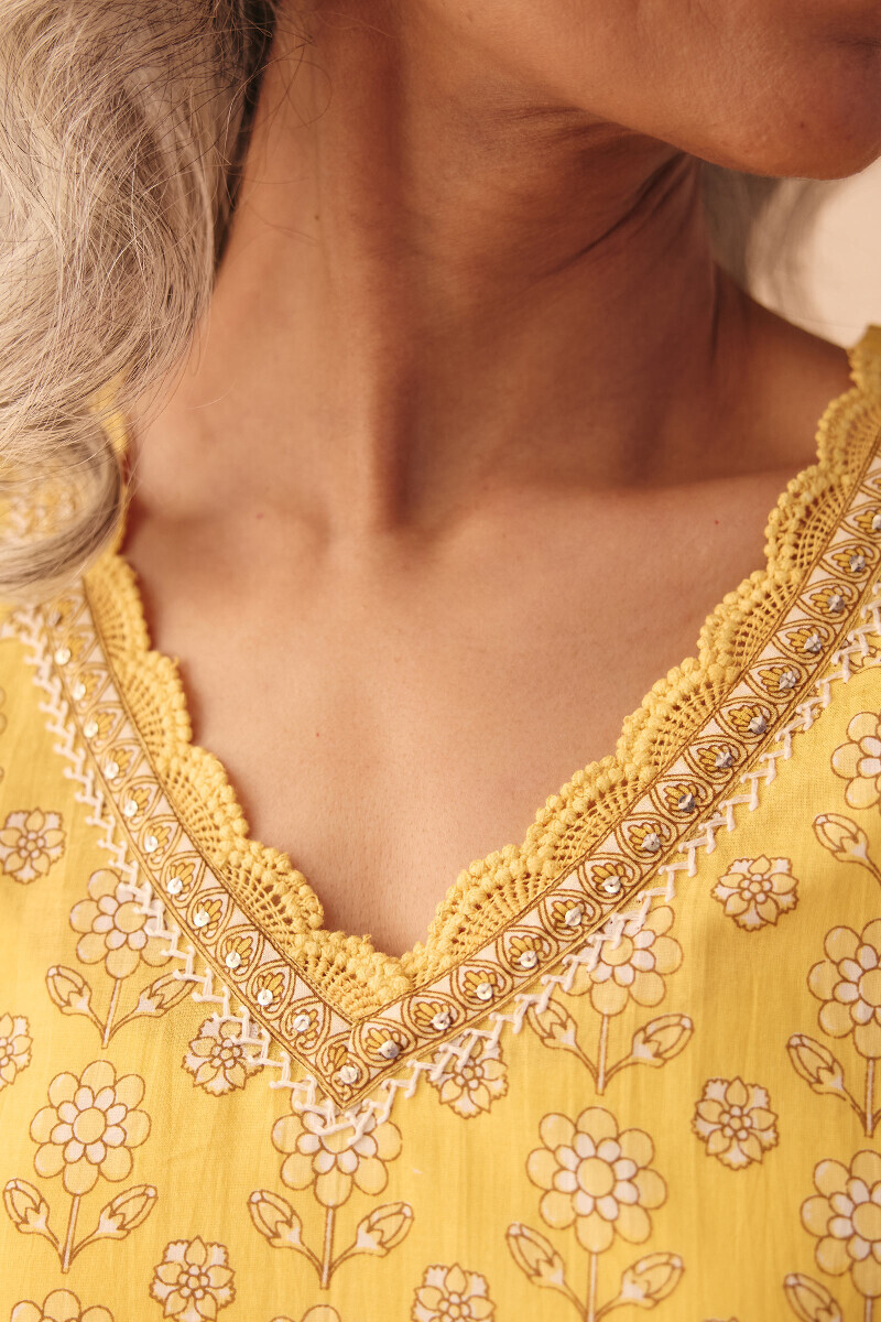 Yellow Hand Printed Straight Cotton Kurta