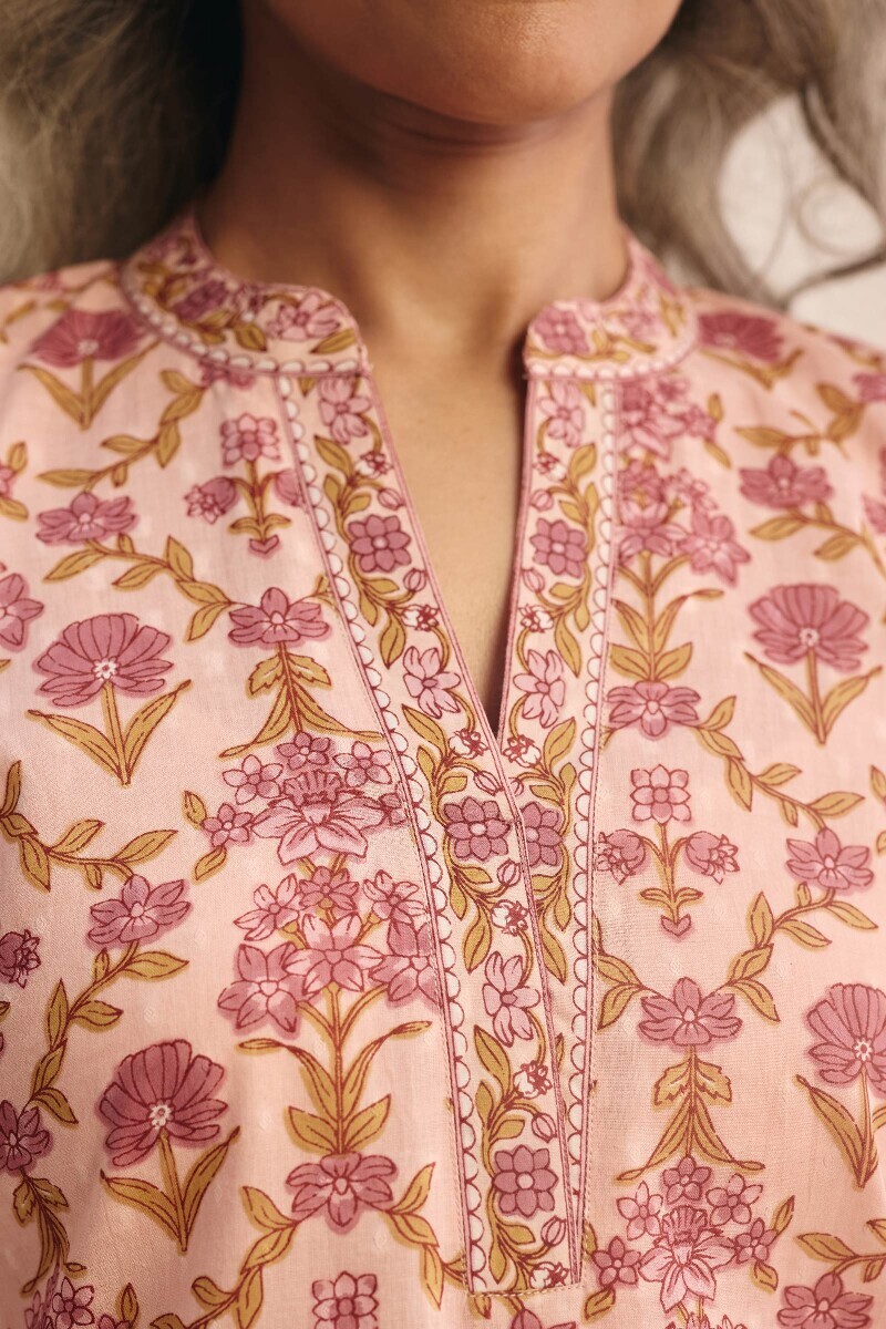 Pink Hand Printed Cotton Dobby Loungewear Set