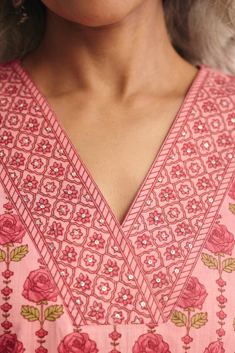 Pink Hand Printed Straight Cotton Kurta