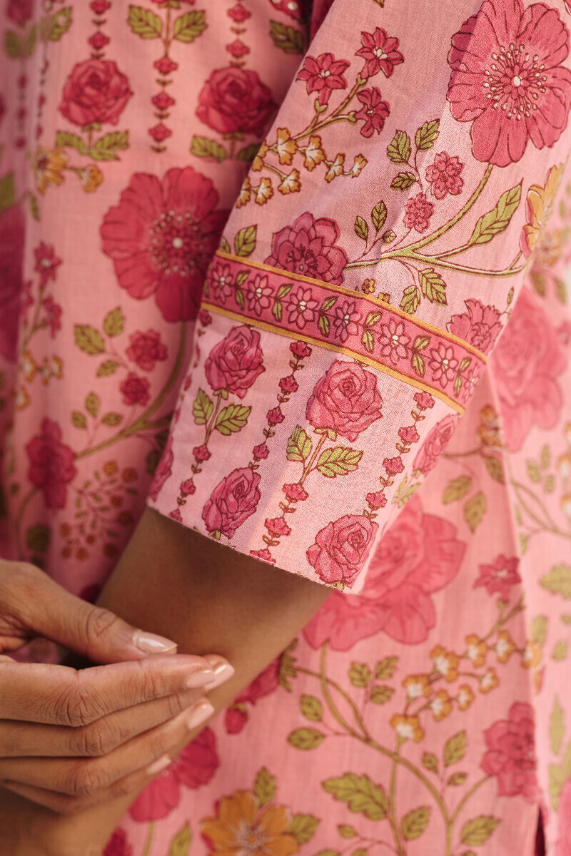 Pink Hand Printed Straight Cotton Kurta