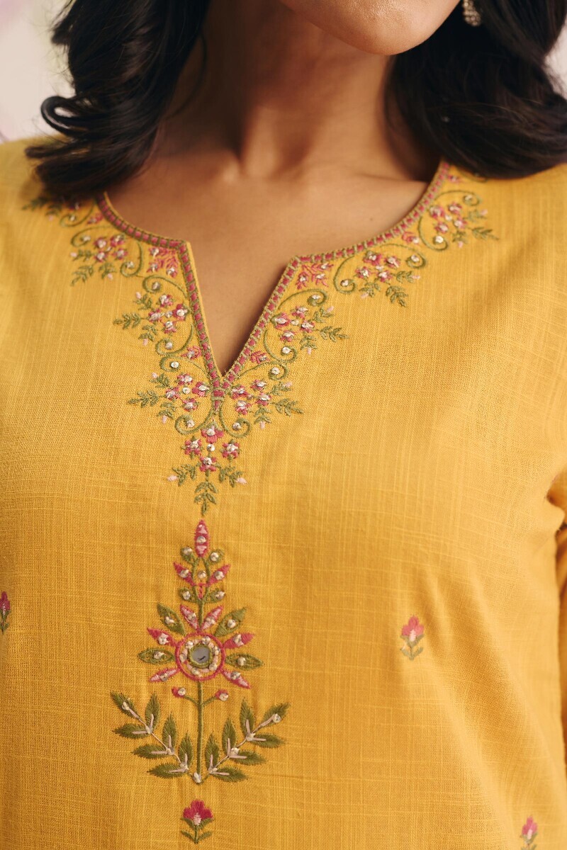 Mustard Handcrafted Straight Gauze Slub Kurta