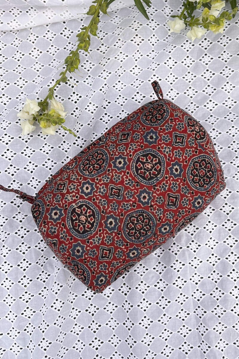 Red Hand Block Printed Cotton Toiletry Pouch