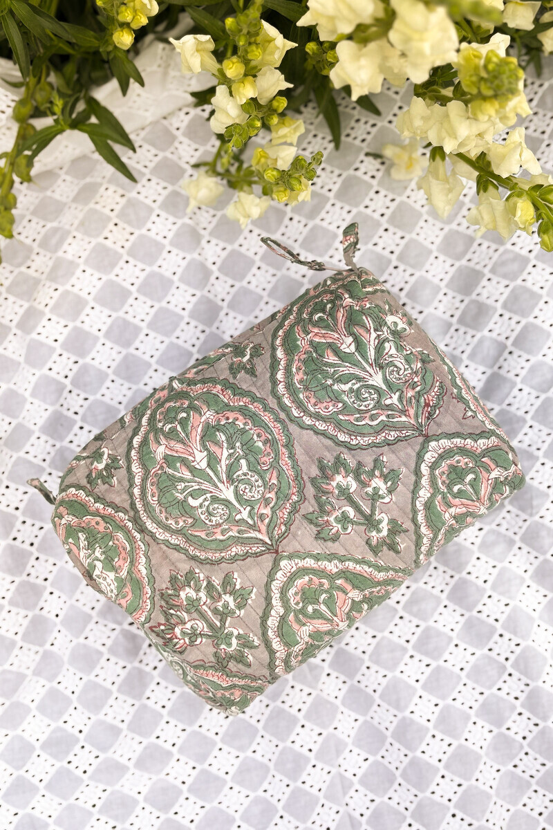 Grey Hand Block-Printed Cotton Slub Vanity Pouch