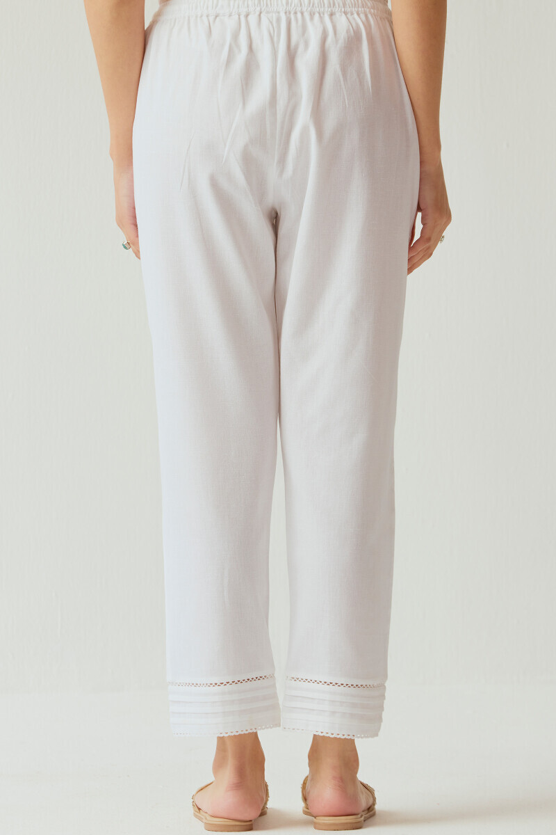 White Handcrafted Cotton Flax Narrow Pants